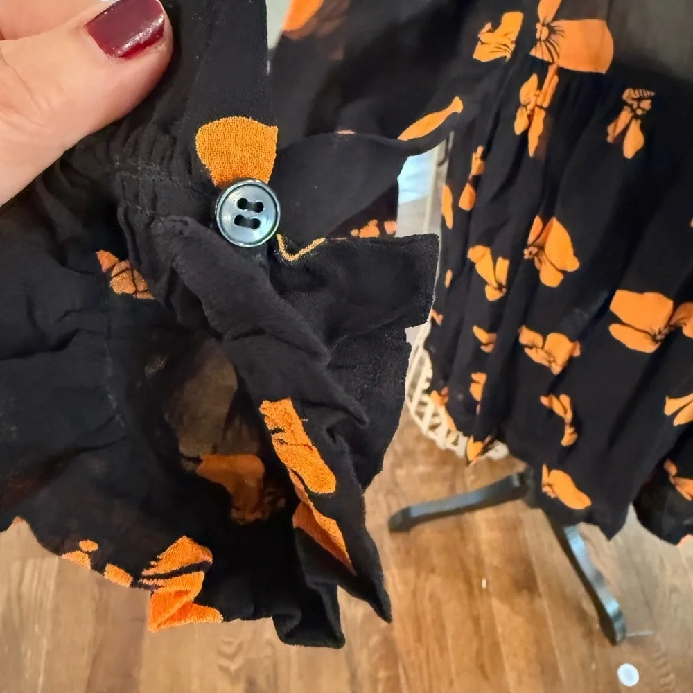Ganni Black Sheer Dress with Orange Floral Design Lined on Bottom - Picture 11 of 15
